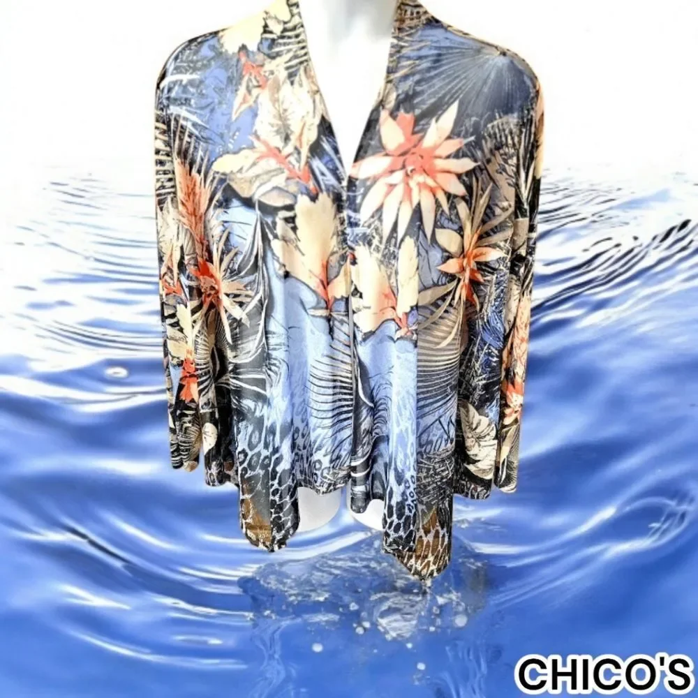 CHICO'SโEASYWEAR Flowers Of Paradise Mesh Open Front Makenzie Jacket Size 3/XL - Picture 2 of 13
